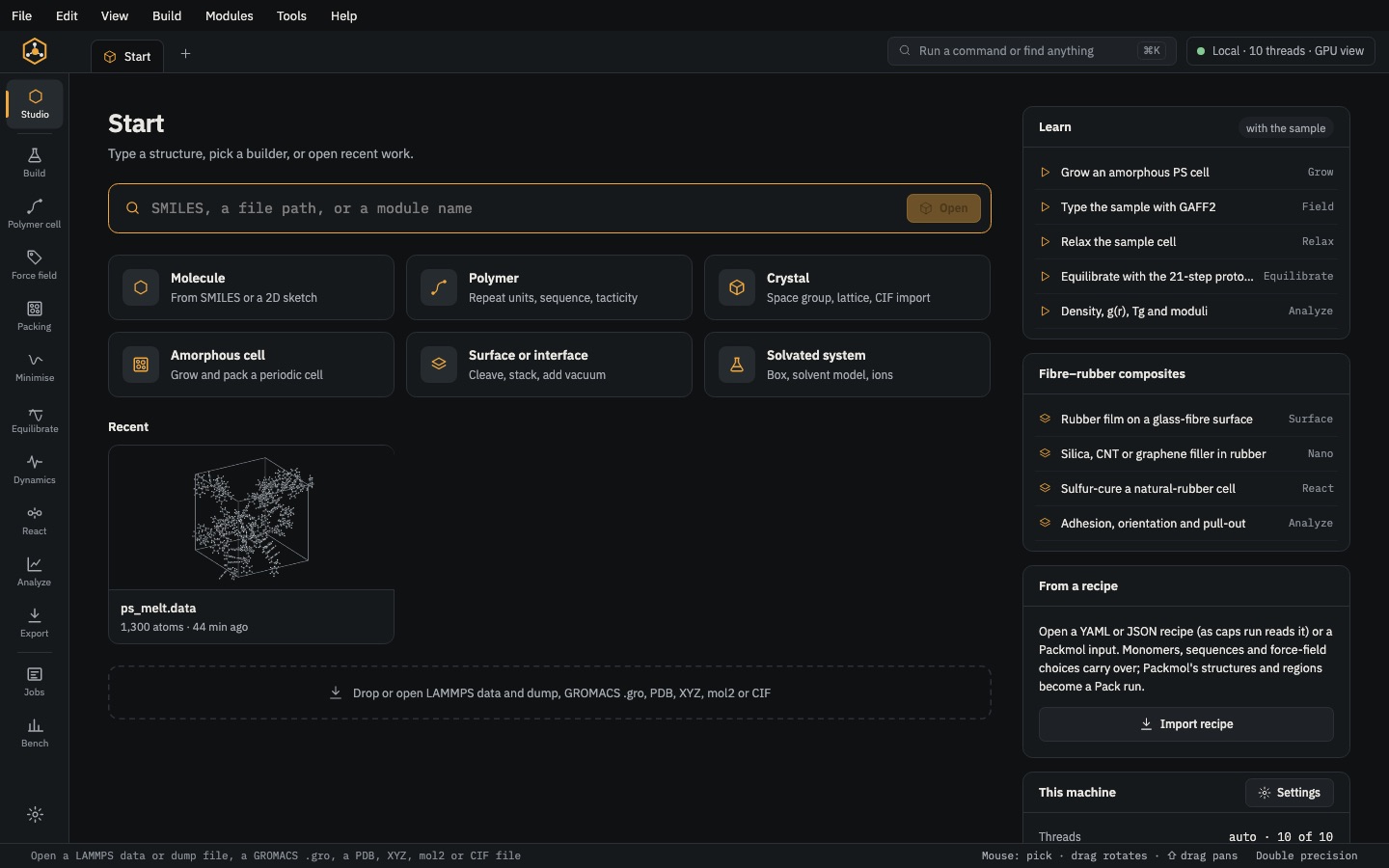 Start: the quick box, the six builders, projects, recent files and guided examples.
