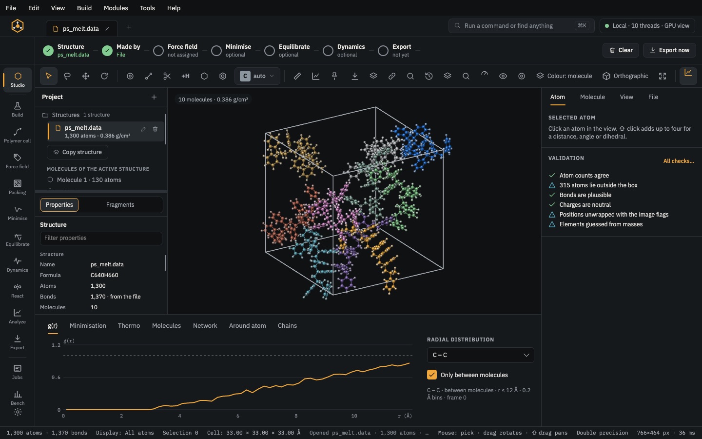 CAPS Studio: the 3D view of a polymer cell, the project tree, the properties panel and the analysis tabs