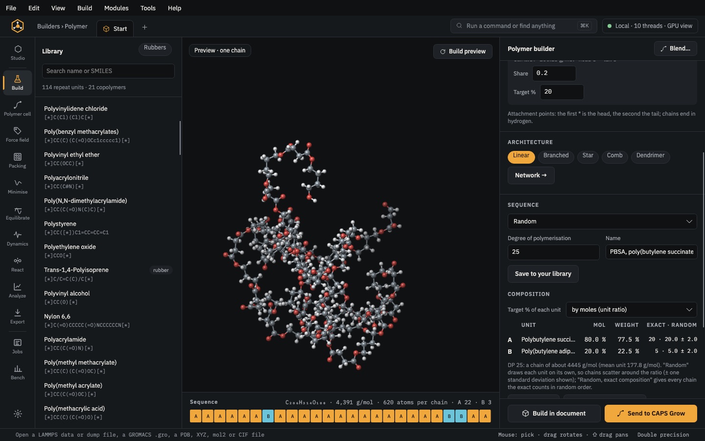 Composition: PBSA, BS:BA 80:20 by moles at DP 25 — 20 BS and 5 BA in every chain.