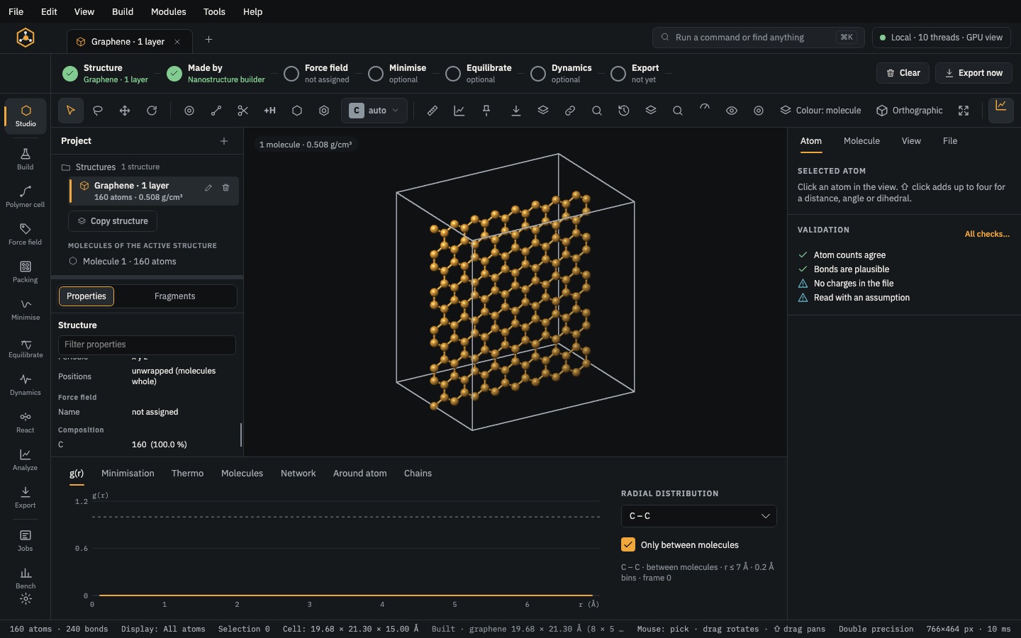 Studio with a graphene sheet, project tree showing edit and delete icons